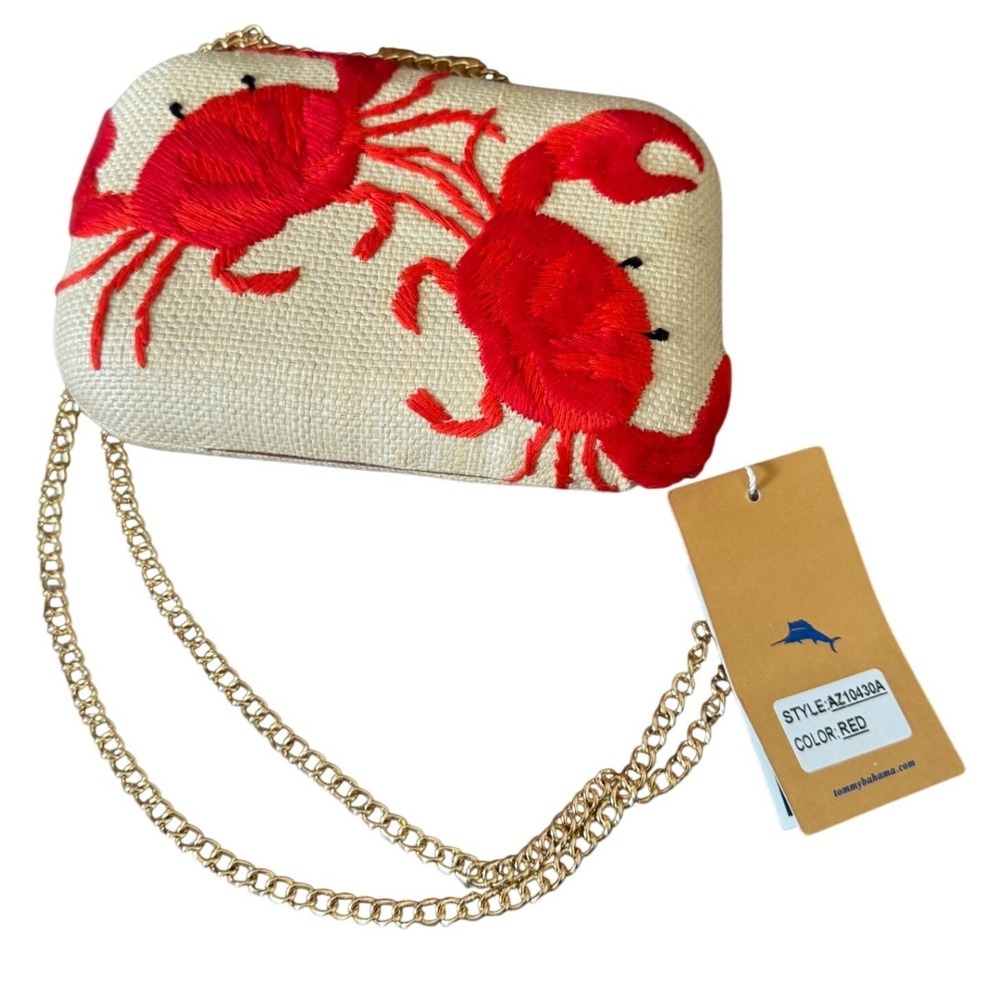 Tommy Bahama Straw Natural Red Crab Crossbody Gold Tone Chain Convertible Clutch
